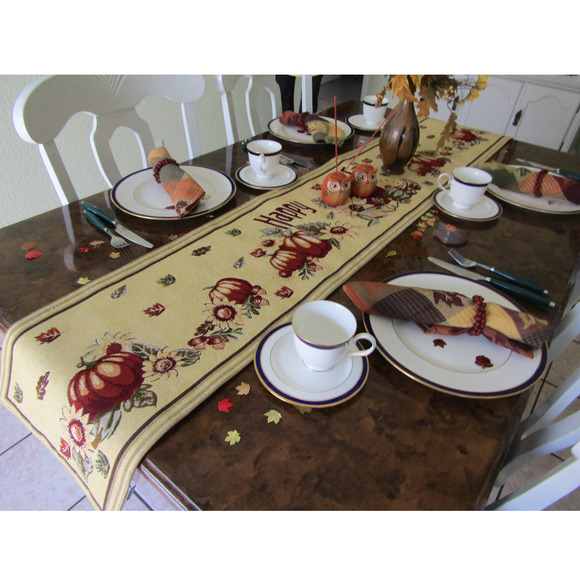 Vintage Harvest Fall Autumn Thanksgiving Tapestry Table Runner - Picture 4 of 4